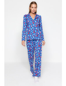 Trendyol Blue 100% Cotton Christmas Themed Shirt-Pants and Knitted Pajamas Set