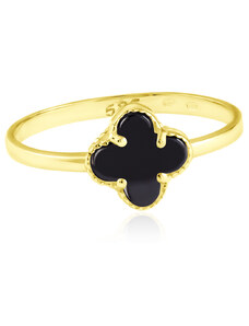 GEMMAX Jewelry Zlatý prsten Čtyřlístek s onyxem ve stylu Vintage - malý vel. 58 GLRYX-58-02096