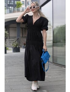 Madmext Black V-Neck Shirring Detailed Long Basic Women's Dress