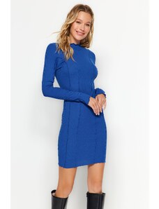 Trendyol Saxe Blue Vysoký výstřih Žebrovaný Body-Fit Stitching Detail Mini pletené šaty
