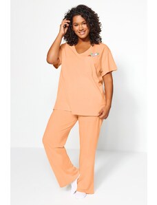 Trendyol Curve Salmon Printed, Pocket Detailed, Knitted Pajamas Set