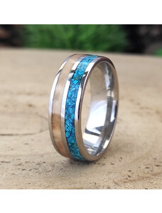 Woodlife Ocelový prsten s břízou a chryzokolem