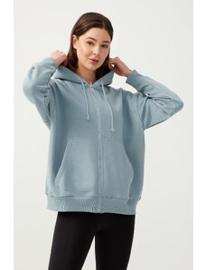 LOS OJOS Women's Blue Gray Hooded Oversize Rayon Zipper Knitted Sweatshirt.