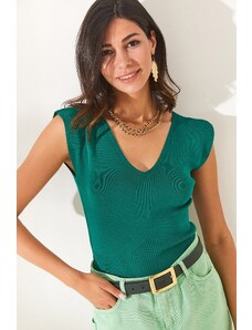 Olalook Women's Emerald Green Knitwear Blouse With Shoulders And Skirt Detailed Front Back V-Knit
