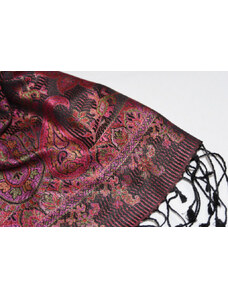 Hedvábná šála Jamawar velká - Černá a růžová s ornamenty