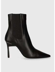Kožené kotníkové boty Calvin Klein GEO STILETTO CHELSEA BOOT 90 dámské, černá barva, na podpatku, HW0HW01708