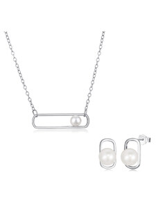 Stříbrná sada náušnic a náhrdelníku s obdélníkovou ozdobou zdobenou říční perlou - Meucci SYN017/SYE114