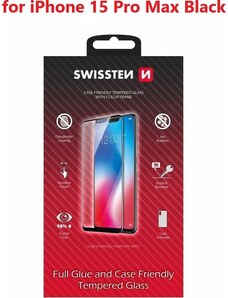 SKLO SWISSTEN FULL GLUE, COLOR FRAME, CASE FRIENDLY PRO APPLE IPHONE 15 PRO MAX ČERNÉ