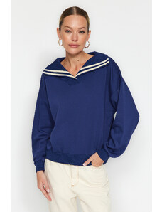 Trendyol Navy Blue Oversize/Wide Knitwear Neck Detailed Diagonal Knitted Sweatshirt