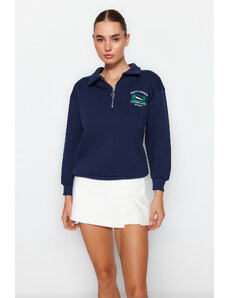 Trendyol Navy Blue Zipper Collar Embroidery Detail Regular Fit Fleece Inside Knitted Sweatshirt