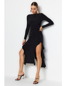 Trendyol Black Flounce Boat Rock Maxi Stretch Knit Dress