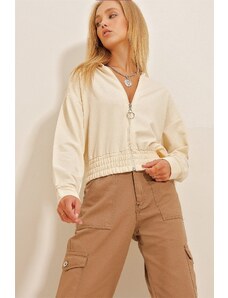 Trend Alaçatı Stili Women's Cream Hooded Zippered Crop Sweatshirt