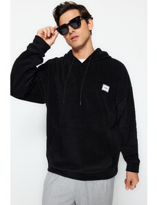 Trendyol Black Oversize/Wide-Fit Hooded Text Label Fleece Sweatshirt