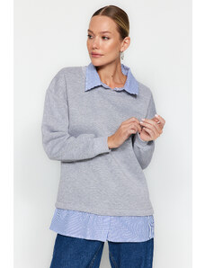 Trendyol Gray Melange Shirt Collar with Poplin Detail Thick Fleece Inside Regular Fit Knitted Sweatshirt
