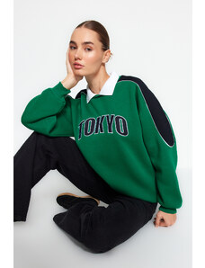 Trendyol Green Thick Inner Fleece Color Block Polo Collar Regular/Normal Fit Knitted Sweatshirt
