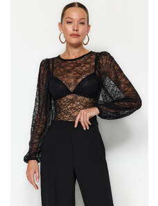 Trendyol Black Gathered Detailed Crew Neck Lace Snaps Knitted Bodysuit