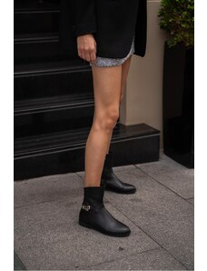 Madamra Black Women's Leather Boots with Buckle Accessories.