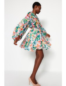 Trendyol Multi Color Floral Pattern Waist Drop Shirt Collar Mini Lined Chiffon Woven Dress