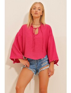 Trend Alaçatı Stili Women's Fuchsia Collar Balloon Sleeve Linen Blouse