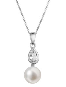 Evolution Group s.r.o. Zlatý 14 karátový náhrdelník bílé zlato s bílou říční perlou a zirkony 82PZ00048