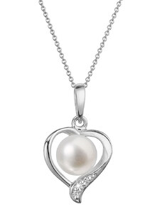 EVOLUTION GROUP Zlatý 14 karátový náhrdelník srdce bílé zlato s bílou říční perlou a brilianty 82PB00049