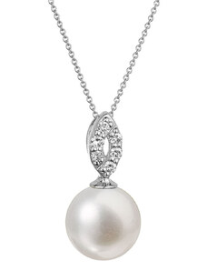 Evolution Group s.r.o. Zlatý 14 karátový náhrdelník bílé zlato s bílou říční perlou a brilianty 82PB00040