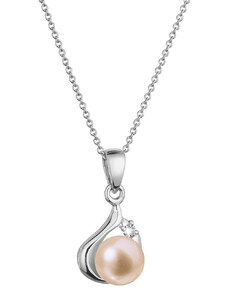 EVOLUTION GROUP Zlatý 14 karátový náhrdelník bílé zlato s růžovou říční perlou a briliantem 82PB00047 pink