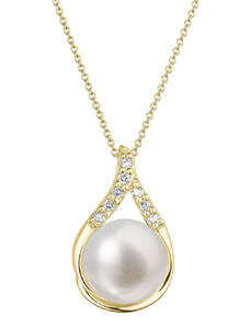 EVOLUTION GROUP Zlatý 14 karátový náhrdelník slza s bílou říční perlou a brilianty 92PB00032