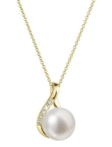EVOLUTION GROUP Zlatý 14 karátový náhrdelník slza s bílou říční perlou a brilianty 92PB00029