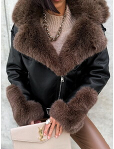 Erikafashion Černá krátká koženková bunda HIGHUL s hnědým kožíškem