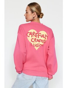 Trendyol Pink Thick Fleece Inside With Relief Print On The Chest And Back, Oversized Knitted Sweatshirt