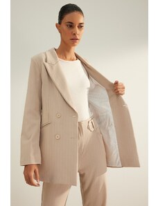 Trendyol Beige Premium Striped Regular Lined Woven Blazer Jacket