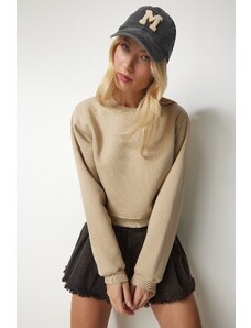 Happiness İstanbul Women's Beige Raised Crop Sweatshirt