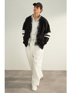 Trendyol Black Oversize/Wide Cut Sleeves Striped Fleece Inside Sweatshirt Cardigan