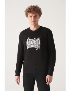 Avva Men's Black Crew Neck 3 Thread Fleece Hologram Printed Standard Fit Regular Fit Sweatshirt