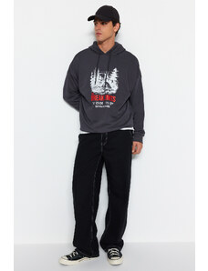Trendyol Anthracite Oversize/Wide-Fit Hooded Outdoor Printed Sweatshirt