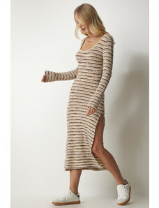 Happiness İstanbul Women's Beige Striped Slit Knit Dress