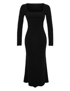 Trendyol Black Ruffles Square Neckline Fitted/Slipped Maxi Stretch Knit Dress