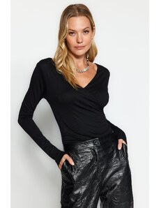 Trendyol Black Slim Viscose Snaps Gathered V-neck Flexible Knitted Body