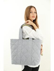 Madamra Light Gray Women's Quilted Pattern Puff Bag