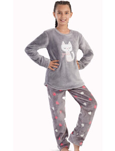 Naspani Šedé, růžové i bílé srdíčkové extra teplé, huňaté pyžamo holčičí s kočičkou Smile 1T0422b