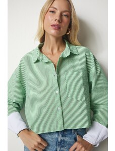 Happiness İstanbul Women's Green Pinstripe Crop Shirt