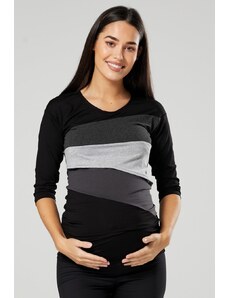 Happy Mama Těhotenské a kojící tričko 3v1 Grigio LS černo šedé