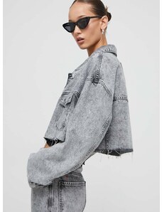 Džínová bunda HUGO x Bella Poarch dámská, šedá barva, přechodná, oversize