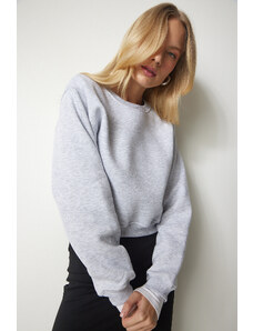 Happiness İstanbul Women's Gray Melange Framed Crop Sweatshirt