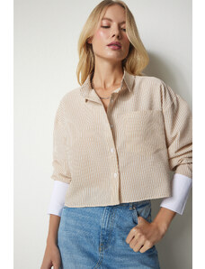 Happiness İstanbul Women's Beige Pinstripe Crop Shirt