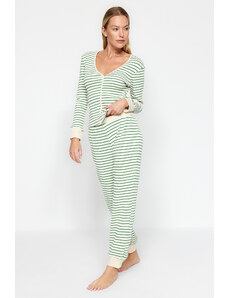 Trendyol Green Striped Cotton Tshirt with Cuff and Piping Detail - Jogger Knitted Pajama Set