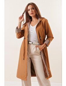 By Saygı Folded Sleeves Striped Waist Gathered Lined Hooded Trench Coat