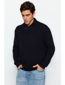 Trendyol Navy Regular Fit Shawl Collar Buttoned Knitwear Sweater