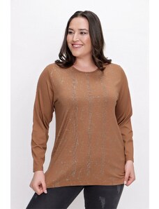 By Saygı Stone Stripe Pattern Long Sleeve Lycra Viscose Blouse Cinnamon Plus Size